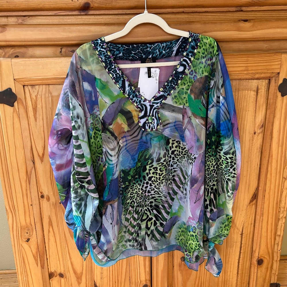 Faith Tunic Kaftan Watercolor Animal Print Beaded Top NWT Women XL